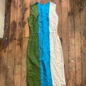 Elegant Colorblock Midi Dress - Green, Blue, and Cream